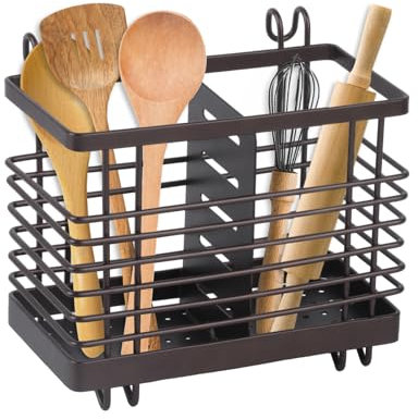 RUGLAMZHIP Portaposate Scolaposate, Cestello Scolaposate, Portaposate da Cucina, Contenitore Portautensili da Cucina in Metallo per Utensili da Cucina, Bacchette, Cucchiaio, Forchetta (Marrone)