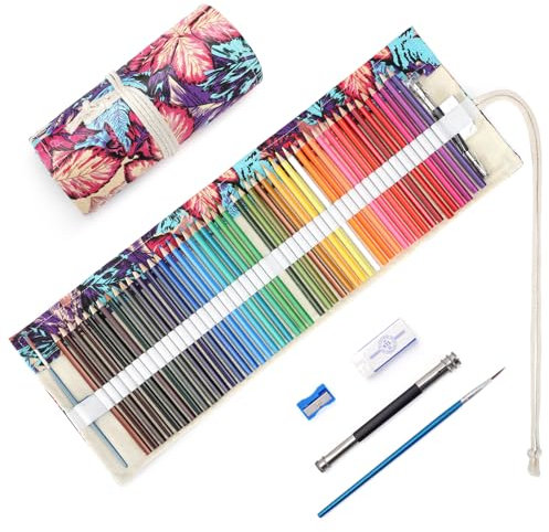 TOYESS 48PCS Crayons de Couleurs Aquarellables Professionnel avec Sac à Crayon de Toile Kit Idéal, 48 Trous Crayon Aquarellable de Couleur pour Adultes et Enfants, Érable