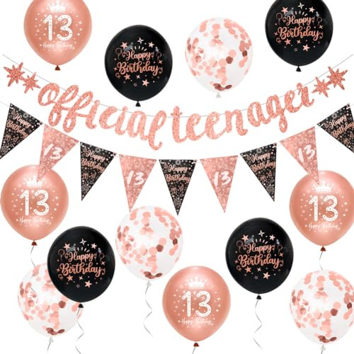Mädchen 13. Geburtstag Dekorationen Schwarz Rose Gold 13. Geburtstag Party Dekorationen Mädchen Offizielles Teenager Banner Happy 13th Birthday Banner Wimpelkette Kit von