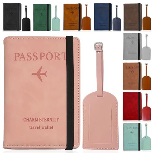 Jeal23 Set Funda Pasaporte + Etiqueta de Maleta | Porta Documentos con Bloqueo RFID | Viajes Accesorios Unisex (Rosado)