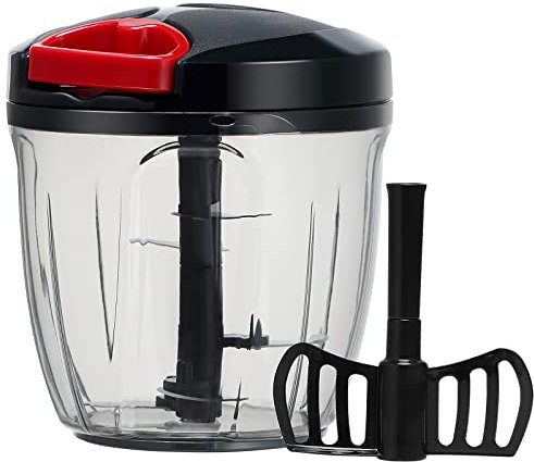 Ourokhome Garlic Grinder Onion Chopper, 2 in 1 Manual Food Processor Portable Speed Pull String Vegetable Cutter for Veggies, Ginger, Fruits, Nuts, Herbs with a blend blade etc, 900 ml, Black