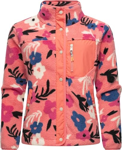 Ragwear Damen Plüschjacke im Blumenmuster kurze Teddyfleece-Jacke warm mit hohem Kragen und Brusttasche Appopis Print XS-6XL