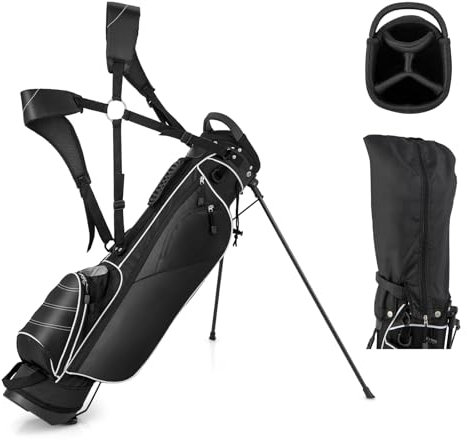 GYMAX Sac de Golf Trépied Léger, avec 4 Séparateurs pour Clubs, 4 Poches pour Tees, Boissons, Vêtements, Pieds Solide avec Patins Antidérapant, avec Capuche de Pluie
