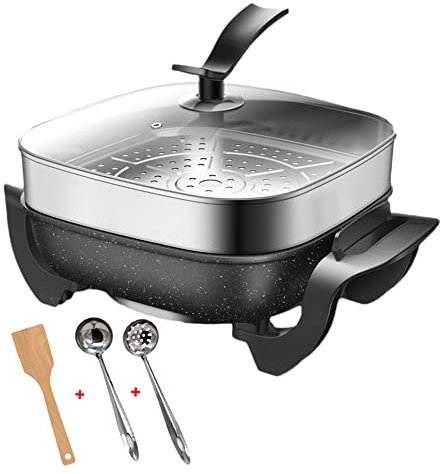 Electric Skillet with Steamer, 5L Electric Hot Pot, Multicooker Non-Stick Frying Pan with Lid & Adjustable Temperature Control, Easy Clean,Electric Ramen Cooker for Steak, Egg, Fried Rice