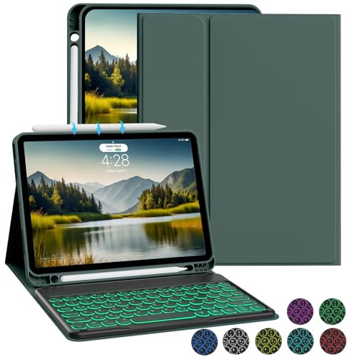 ZOYU Hülle mit Tastatur Kompatibel mit iPad Air 6./ 5./ 4. Generation 11 Zoll M2/10,9 Zoll, 7 Farbige Beleuchtete Tastatur mit Hülle für iPad Air 2024/2022/2020, Grün