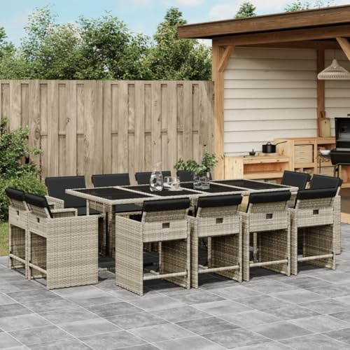 Faroom Polyrattan Sitzgruppe for 12 Personen - Gartenmöbel Set 12 Stühle mit Tisch mit Glasplatte & Kissen - Garten Sitzgruppe - Polyrattan Gartenmöbel Set für Garten & Terrasse Hellgrau AS 24