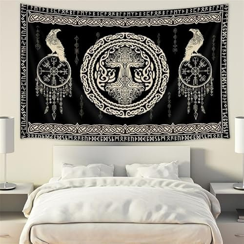 Hajmsug Wikinger-Wandteppich, schwarz-weißer Baum, Vogel der Weisheit, keltische Rune, Totem, nordische Mythologie, mittelalterliche Wikingerwandkunst, ästhetische Mythologie, Wandteppich für