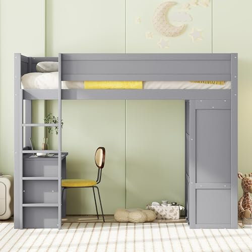MSMOK Hochbett, 90 * 200cm,vielseitiges Kinderbett, ausgestattet mit Kleiderschrank, Schreibtisch und Schubladen, Grau