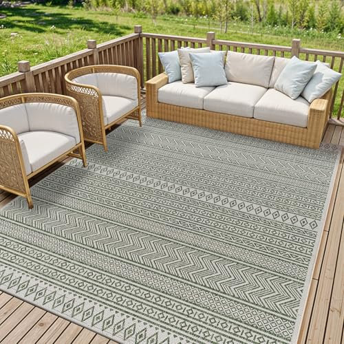 Livabliss Geometric Outdoor Rug - Indoor Outdoor Rug Large, Motril 200x275 cm - Patio Rugs, Decking, Outdoor Carpet - Boho Colourful Garden Rugs, Patterned, UV Weather, Stain Durable, Green, Ivory Rug