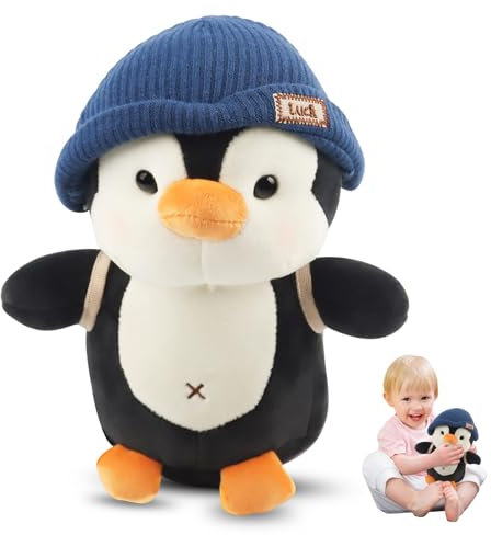 JWTRSVTY 23 cm Pinguin Stofftier Plüschtier, Penguin Flauschiges Stofftier, Kuscheltier Pinguin Plüschtier Kinder, Pudgy Penguins Plush Mit Hut, Cartoon Tier Plüschtier für Mädchen Und Jungen