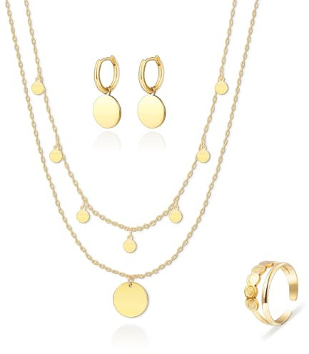 Kenivira Damen Schmuckset, Gold: Halskette (55 cm), Ohrringe, Ring, Geschenk für Damen
