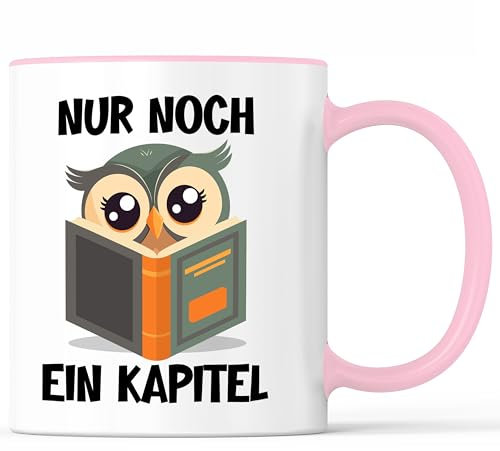 Tazza con scritta Noch ein Kapitel Buchcher Becher Lettura Lieratte Bücherworm – Divertente regalo – Tazza da caffè come idea regalo – Tazza da caffè 330 ml – Bianco/Rosa