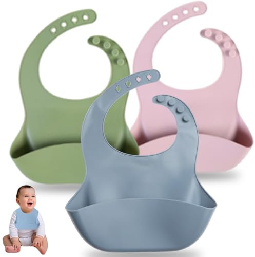 3er-Set Silikon Lätzchen Baby BPA-frei Wasserdichtes Lätzchen mit Auffangschale verstellbare Babylätzchen Einfache Reinigung Silikon-lätzchen für Babys Jungen und Mädchen(Rosa, Blau，Morandi Green)