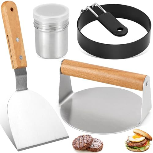VZXZXE Smash Burger Set, Einbeziehen 1 Burgerpresse Edelstahl 14cm + 1 Hamburger Spachtel + 1 Egg-Ring + 1 Gewürzstreuer | Hamburgerpresse | Burger Presse