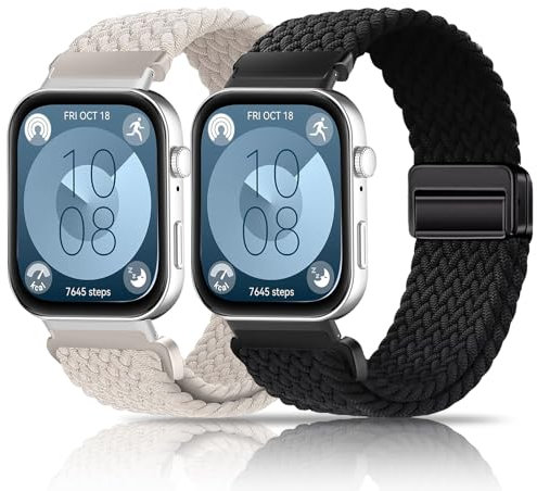 chinbersky 2 Stück Geflochtenes Magnetisch Armband Kompatibel mit Huawei Watch Fit 4/4 Pro/Fit 3 Armband，Stoff Elastisches Sport Nylon Ersatzband für Damen Herren