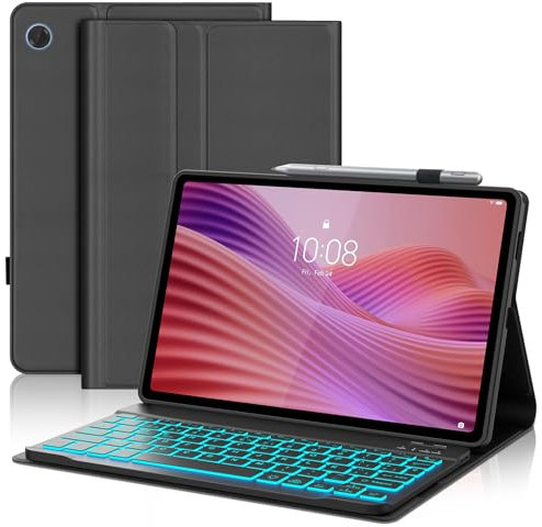 WAVATA Funda con Teclado para Lenovo Tab 10.1'' 2025, Tecla QWERTY Español Ñ para Lenovo Tab 10.1 Pulgadas 2025, Teclado Bluetooth Retroiluminado Desmontable, Negro