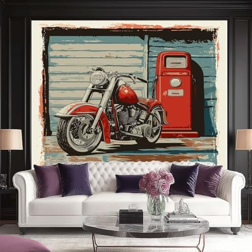 Papier Peint Mural Autocollant Panoramique Rétro Moto Impression Intissée Moderne 400 x 280 cm pour Décoration de Salon, Mur TV, Canapé ou Chambre Rouge Gris