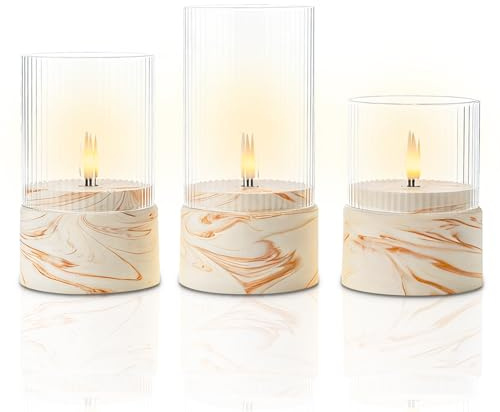 Fanna 3 Battery Operated Glass Candles with Timer Function in Marble Texture, Flameless LED Candles for Home Decor and Table Centerpieces, Brown and White Design - H 10cm / 12.5cm / 15cm