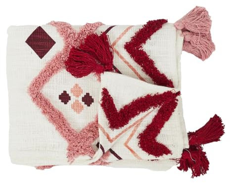 AltoBuy Plaid Jeté Ethnique Tufté 130x150cm Intérieur/Extérieur Coton Blanc et Rose avec Pompons