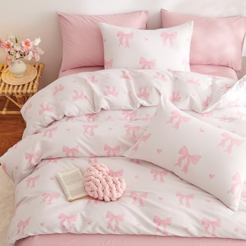 Tospass Mädchen Bettwäsche 220x240 Rosa Beige Herz Schleifen Bettwäsche Set | Aesthetic Bettwäsche mit Schleifenmuster, 3 teilig, Microfaser ÖKO-TEX Bettbezug mit Reißverschluss und 2 Kissenbezug 80x80cm