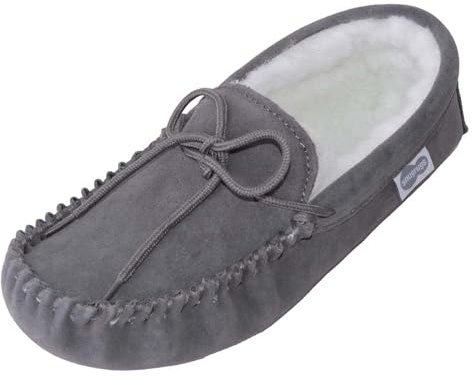 SNUGRUGS Holly, Womens Wool Lined Suede Moccasin Slipper with Suede Sole - Grey - UK 4