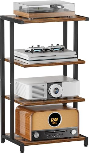 Ardier 4-stöckiger Medien-Speicherständer, Audio-Medien-Regal für Wohnzimmer, Spielzimmer, Musikstudio, Spielkonsolenregal aus Holz für TV-Zubehör/Audiovisuelle Geräte/optische Disc/PS4, Schwarz