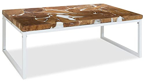 ZQQLVOO Couchtisch Teak Harz Rustikaler Couchtisch aus echtem Teakholz mit Stahlrahmen, Handgefertigt und Stabil 110x60x40 cm