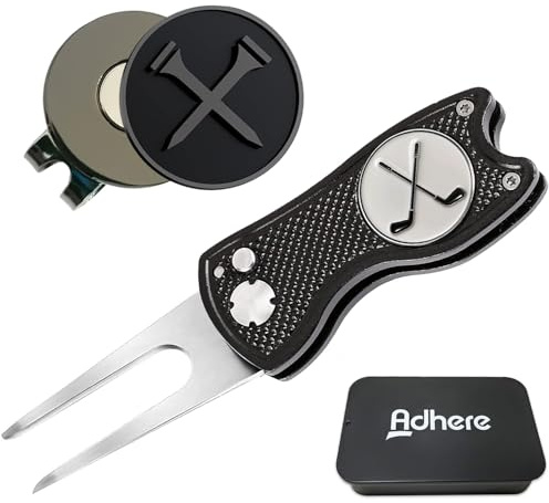 Adhere Golf Divot Tool & Golf Ball Markers Set with A strong Magnetic Hat Clips, Premium Golf Gift Pack