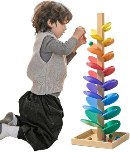 Kugelbahn Holz Klangbaum Murmelbahn Holz ab 3 Jahre, Klangbaum Lernspielzeug für Kinder, Klang Murmelbahn Regenbogen, Murmelturm Ho-lz Montessori mit 10 Kugeln, Regenbogen Kugelbahn Holzspielzeug