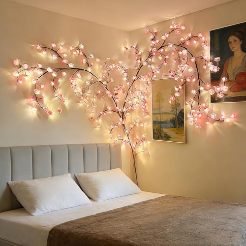 Garayma LED Cherry Blossom Lights, 96 LED Artificial Flower String Lights | Cherry LED Tree Branch Lights for Wall,Willow Vine Lights and USB Powered for Bedroom Party Wedding Outdoor Decorations(75IN)