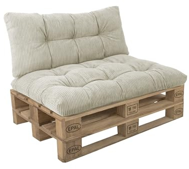 POKAR Palettenkissen 2er Set: Sitzkissen 120x80 + Rückenkissen 120x40 aus Cordstoff | Gesteppte Palettenauflage | Loungekissen für Palettensofa und Gartenmöbel | Oeko-TEX | Made in EU | Elfenbein