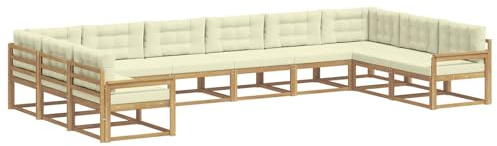 HETFTJN Juego de 12 sofás de exterior de madera maciza de acacia con cojines, muebles de terraza grandes para jardín y zona de piscina, 483 cm, color blanco y crema