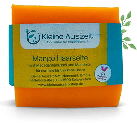 Kleine Auszeit Manufaktur Mango Haarseife - bei normalem bis trockenem Haar, vegan, ohne Palmöl, ohne Plastik, handgemacht, 90 g