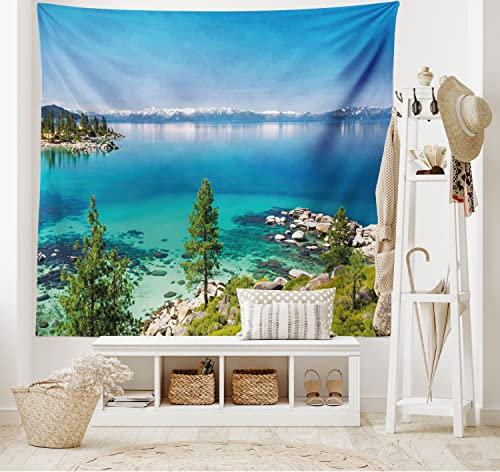 ABAKUHAUS Blau Wandteppich Landschaft Paradies Bild Meeres Strand Traumhafte Ferien Ort mit Wasser Fotographieaus Weiches Mikrofaser Stoff 150 x 110 cm Klare Farben Wand Dekoration, Blaugrau Grün