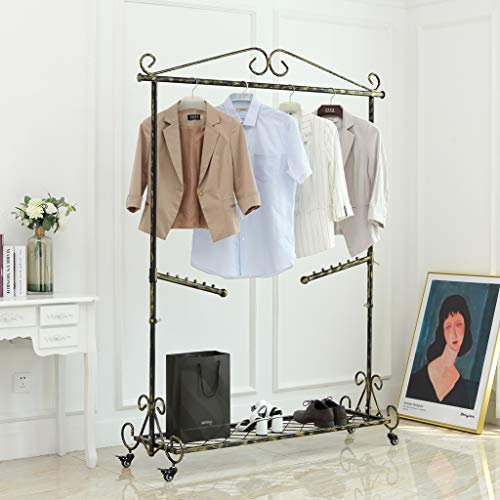 Loywe Kleiderständer Kleiderstange Garderobenständer mit Schuhablage, Breite 136cm, Vintage-Stil Metall Höhenverstellbar von 126 bis 200 cm LWK14-1(Bronzeschwarz mit Rollen)