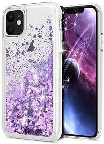WORLDMOM Schutzhülle für iPhone 11, Doppellagiges Design, glitzernd, fließend, glitzernd, bunter Glitzer, Wasserfall, TPU, Schutzhülle für Apple iPhone 11 [6,1 Zoll 2019], Violett
