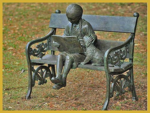 IDYL Bronze-Skulptur Mädchen auf Bank | 80x65x102 cm | Kinderfigur aus Bronze handgefertigt | Gartenskulptur oder Teich-Dekoration | Hochwertiges Kunsthandwerk | Wetterfest