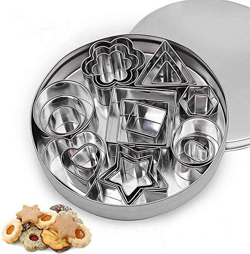 Moldes para galletas de acero inoxidable 24 piezas Cortador de galletas geométricas formas, corazón, estrella, círculo, forma de flor, cortadores de moldes con caja de hojalata para hornear DIY