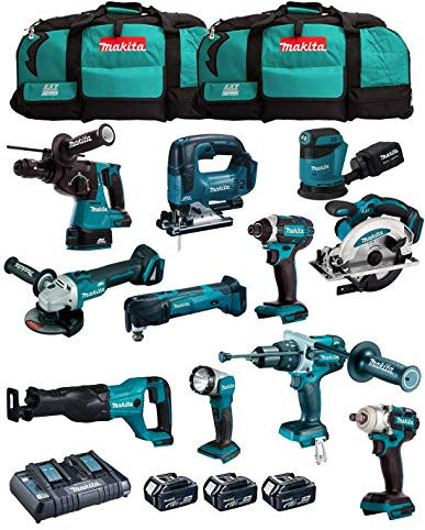 MAKITA Kit MK1102 (DHP481 + DHR243 + DGA504 + DTD152 + DJV182 + DSS610 + DJR186 + DBO180 + DTM51 + DML802 + DTW285 + 3 Batterie 5,0 Ah + Caricabatterie + 2 x LXT600)
