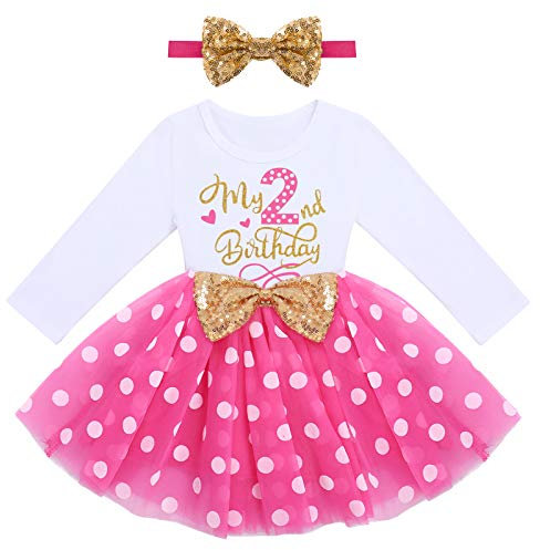 Kleinkinder Mädchen Mein Zweiter 2. Geburtstag Kleid Baumwolle Langarm Gepunktet Tutu Tüllkleid A-Linie Prinzessin Partykleid mit Pailletten Schleife Stirnband 2tlg Set Fotoshooting Outfit Rose 2J