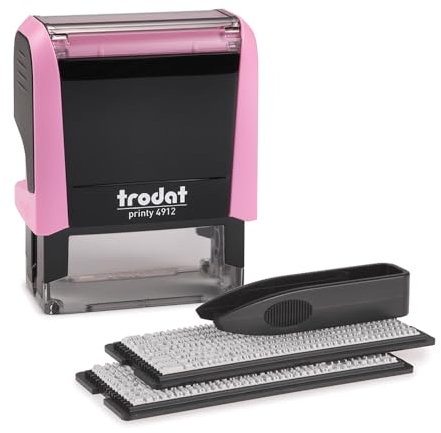 Trodat Printy 4912 Stempelset in Pastell Rosa zum Selbersetzen - 4 Textzeilen, Abdruck 47x18 mm, Deutsch, inkl. Pinzette, Stempelkissen schwarz & Buchstaben- und Zahlenset in zwei Größen