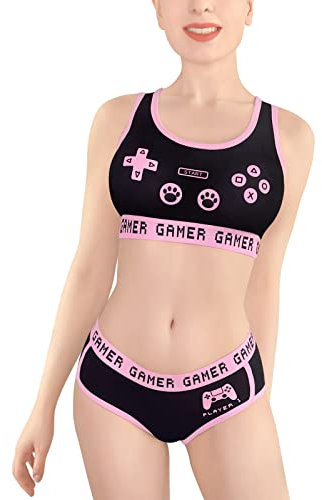 LittleForBig Damen Baumwolle Camisole und Höschen Sport Loungewear Bralette Set-Playgirl Schwarz XXL