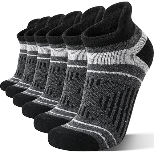 EBMORE Merino Wool Ankle Hiking Socks Compression Warm Thermal Thick Winter Running Moisture Wicking No Show Cushion Socks Gifts Stocking Fillers for Women Men 6 Pairs(Black,L)