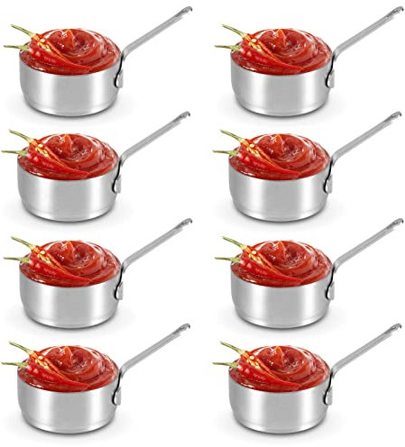 8PCS 100ml/3.38oz Stainless Steel Sauce Cup,Ramekin Dipping Sauce Cup,Mini Saucepan Sauce Bowl Soup Pot Reusable Round Condiment Sauce Cups Sauce Seasoning Bowls with Ergonomic Handle for Gravy,Pepper
