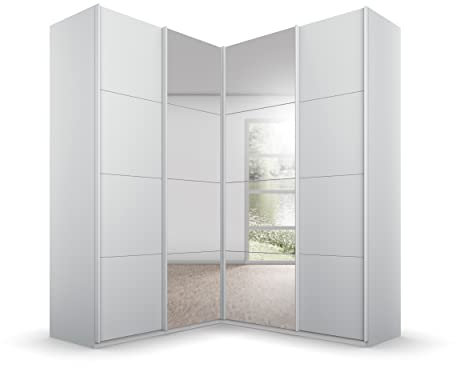 Rauch Möbel Quadra Schrank Eckschrank Schwebetürenschrank, Grau, 4-trg. mit Spiegel, inkl. 2 Kleiderstangen, 12 Einlegeböden, 3 Schubkästen, BxHxT 181x229x187 cm