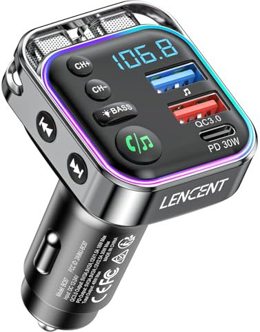 LENCENT Bluetooth FM Transmitter, Bluetooth 5,3, PD 30W & QC3.0 Schnellladegerät, Hi-Fi Musik klares Telefonieren, Auto Adapter Transmitter für Auto Radio, Freisprecheinrichtung