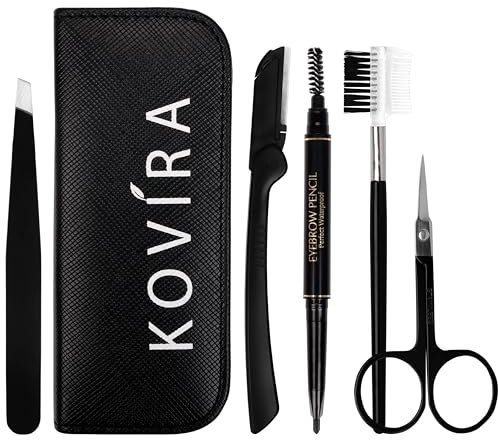 Kovira 5-tlgs Augenbrauen Set mit Schwarzem Etui - Edelstahlschere, Augenbrauenbürste, Former, Stift & Pinzette Augenbrauen Zupfen - Zum Formen, Trimmen & Wimpernverlängerung - Für Männer & Frauen