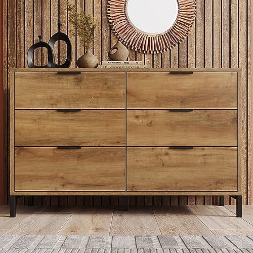 ZYLOYAL10 Kommode, Sideboard mit 6 Schubladen in Dunkle Eiche, Verstellbare Ablage, Sideboard Highboard für Schlafzimmer & alle Wohnräume (120 x 40 x 83 cm)