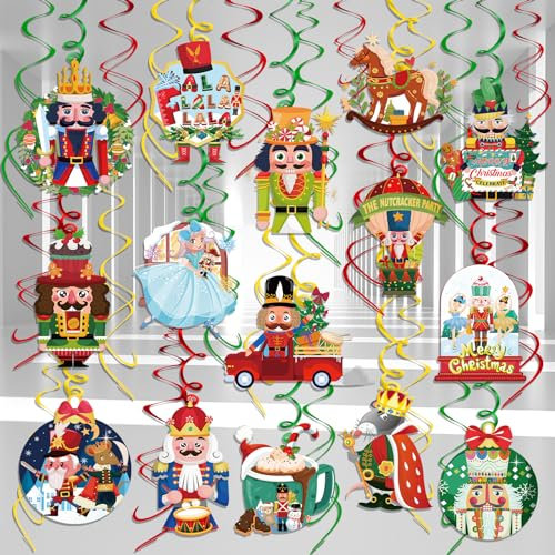 DPKOW Christmas Nutcracker Hanging Swirl Decorations Christmas Nutcracker Soldier Swirl Spiral Streamers Xmas Christmas Ceiling Decorations Nutcracker party Foil Swirl Decoration Ornaments, 29pcs