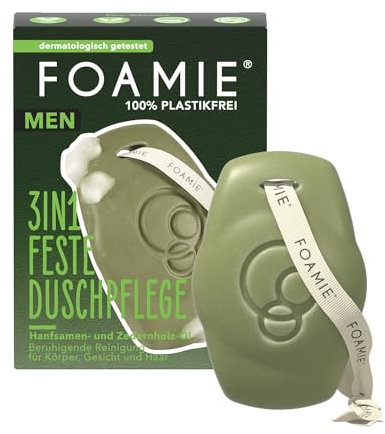Foamie 3in1 Feste Dusche Männer, Hanfsamen & Zedernholz-Öl, Körper, Gesicht, Festes Shampoo Herren, Beruhigende Reinigung, 90g Extra-Pflegepackung